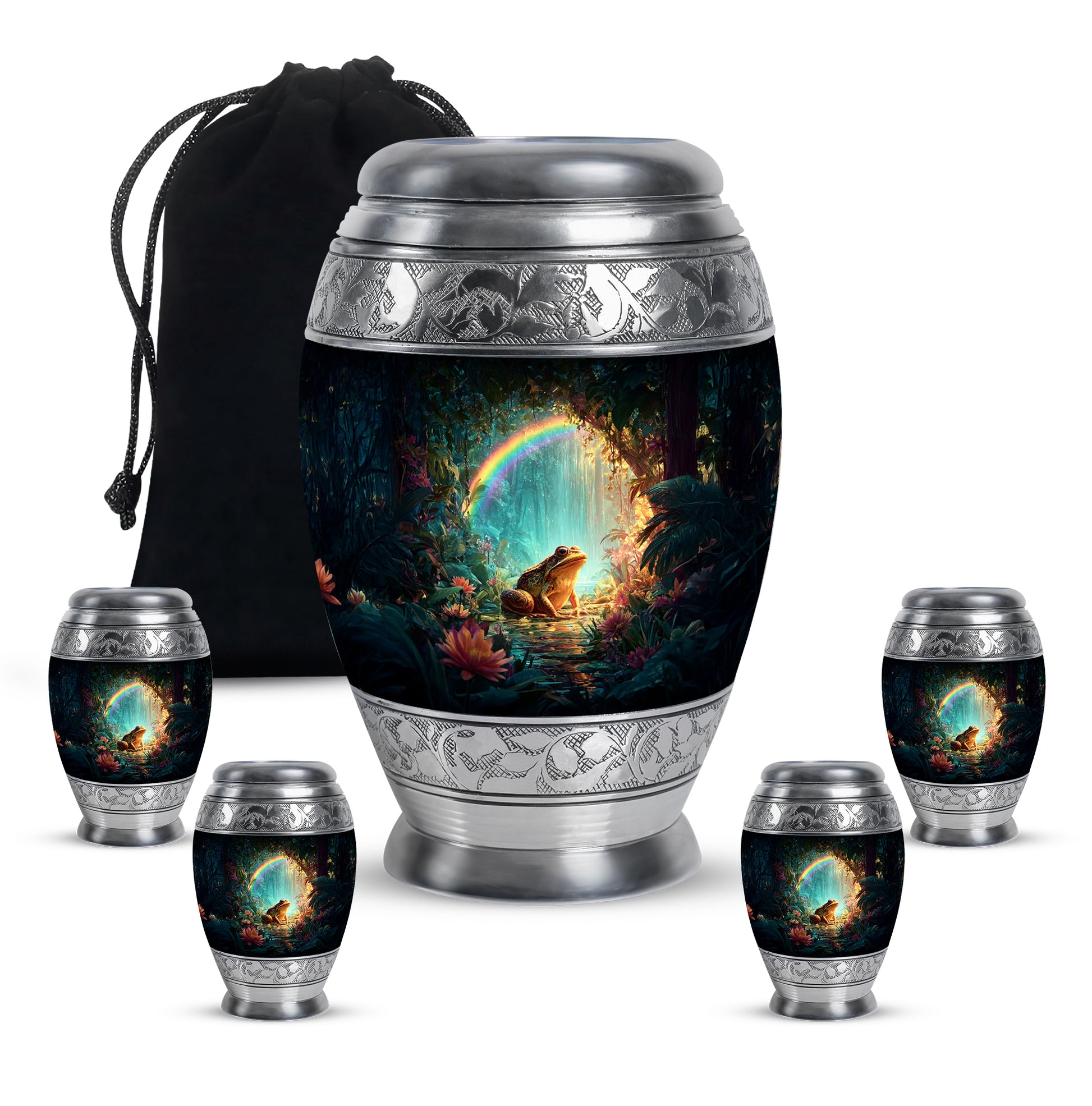 Deep Black Frog Cremation Urn detail view - regal frog design with crown-inspired accents - memorial set with one large and four small urns