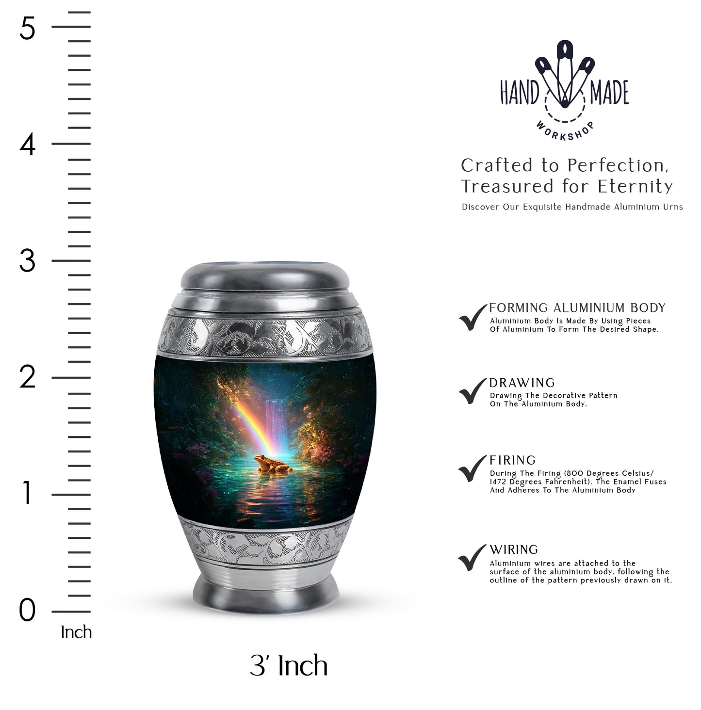 Aqua Teal Frog Cremation Urn lifestyle display on memorial shelf - royal frog engraving with decorative scrollwork - mini keepsake memorial for portion of cremation ashes