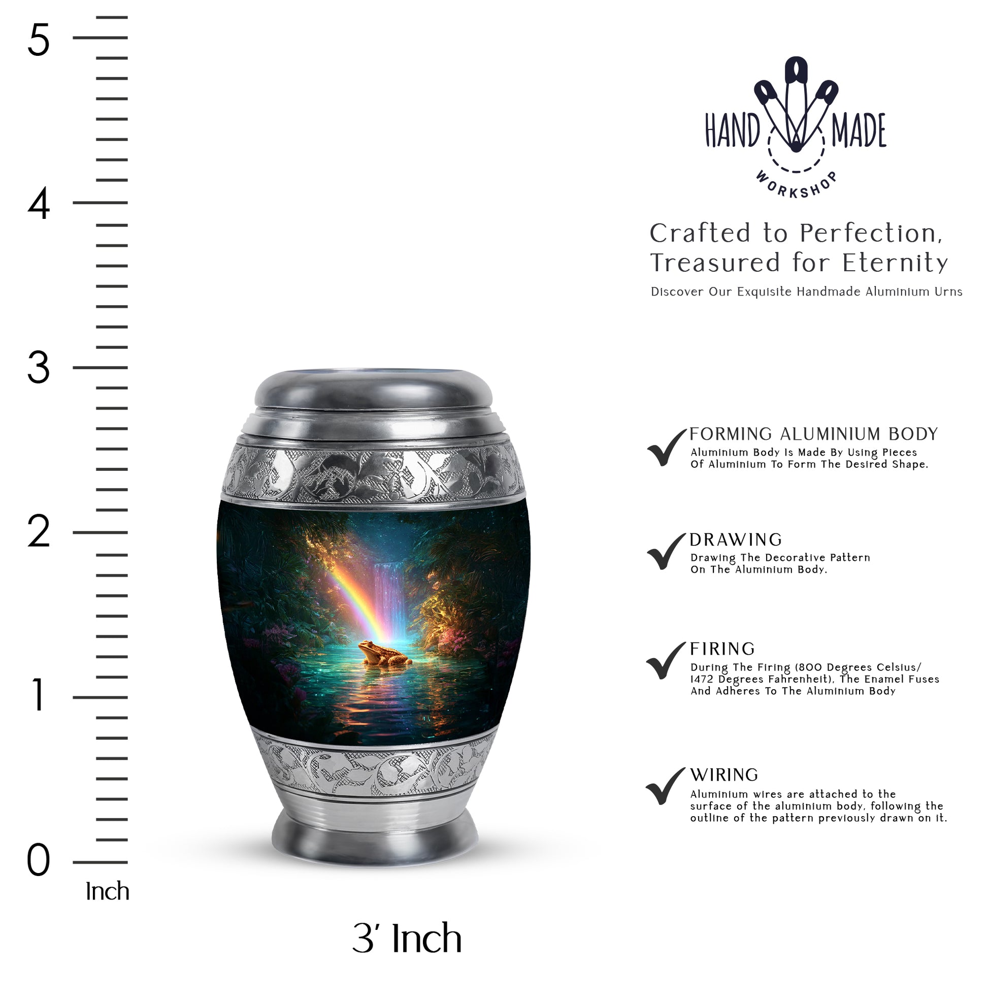 Aqua Teal Frog Cremation Urn lifestyle display on memorial shelf - royal frog engraving with decorative scrollwork - mini keepsake memorial for portion of cremation ashes
