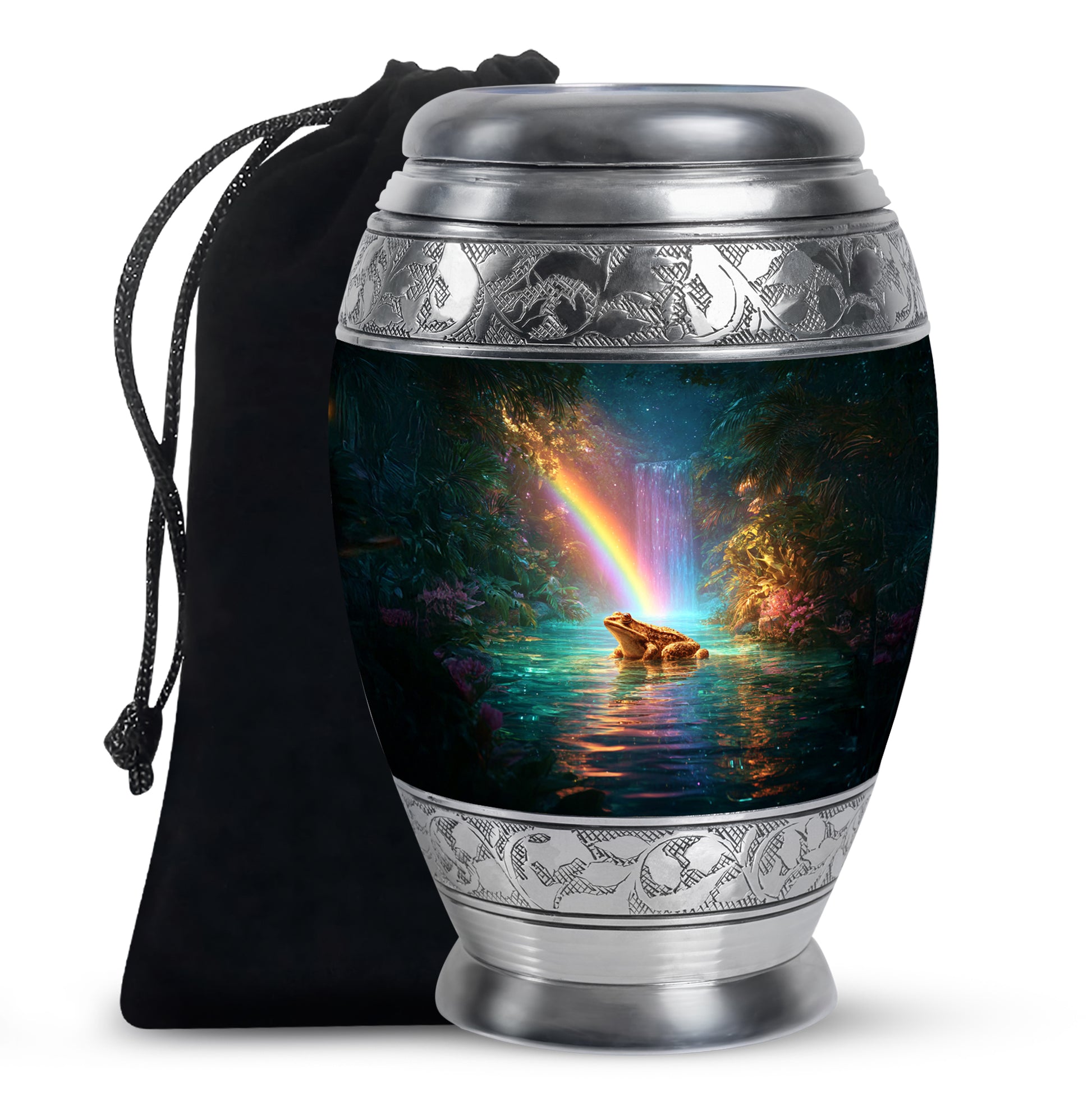 Deep Teal Frog Cremation Urn back view with polished surface - royal frog engraving with decorative scrollwork - full-size 10 inch 200 cubic inch adult cremation urn