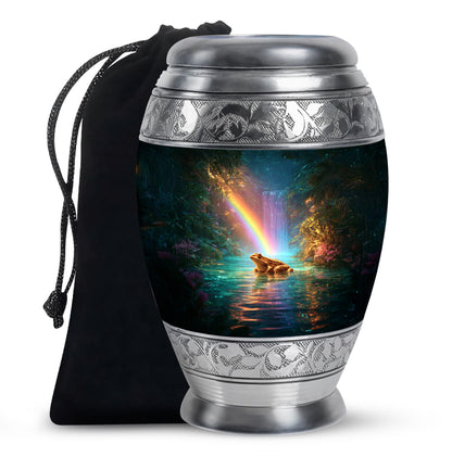 Deep Teal Frog Cremation Urn back view with polished surface - royal frog engraving with decorative scrollwork - full-size 10 inch 200 cubic inch adult cremation urn
