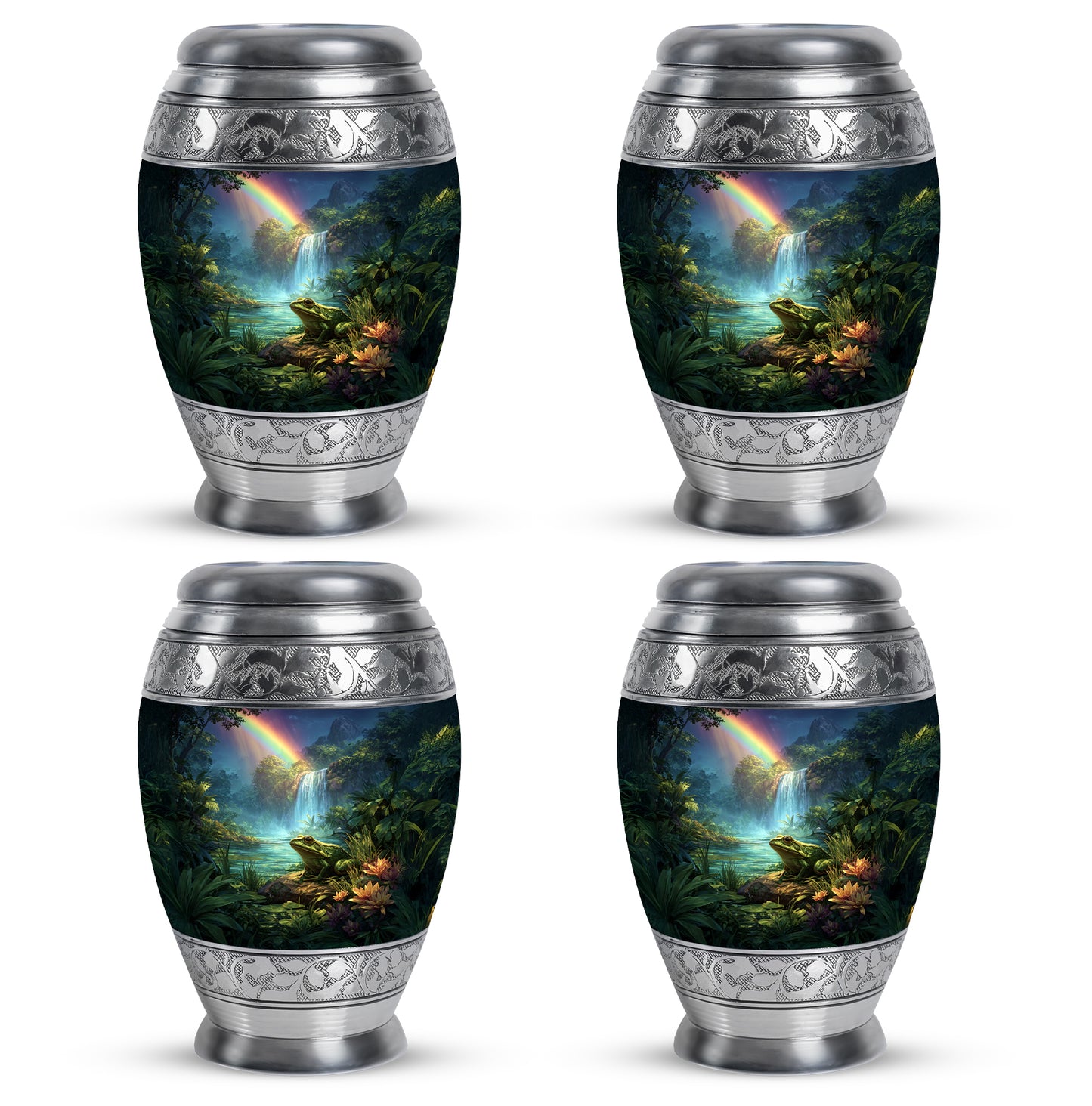 Steel Blue Frog Cremation Urn urn with complimentary velvet bag - majestic frog pattern with filigree border - 10 inch aluminum urn for cremated remains