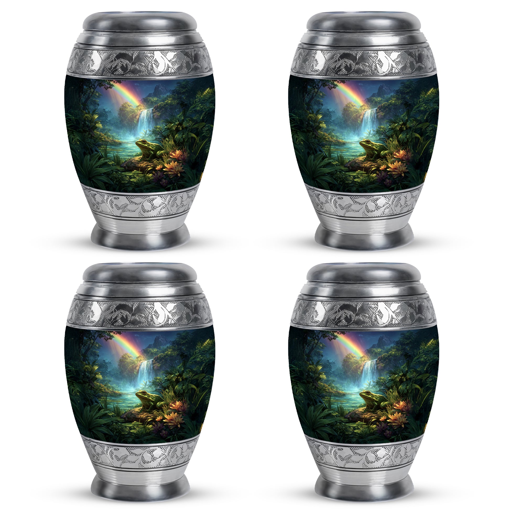 Steel Blue Frog Cremation Urn urn with complimentary velvet bag - majestic frog pattern with filigree border - 10 inch aluminum urn for cremated remains