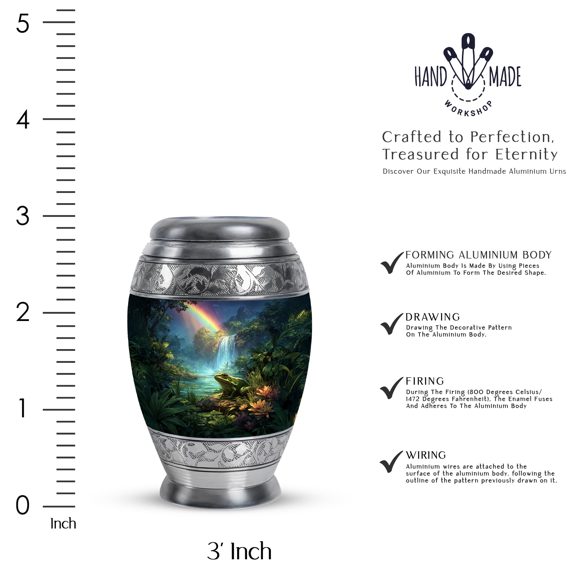 Vivid Blue Frog Cremation Urn lifestyle display on memorial shelf - royal frog engraving with decorative scrollwork - mini keepsake memorial for portion of cremation ashes