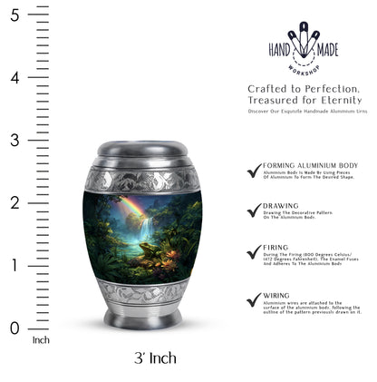 Vivid Blue Frog Cremation Urn lifestyle display on memorial shelf - royal frog engraving with decorative scrollwork - mini keepsake memorial for portion of cremation ashes