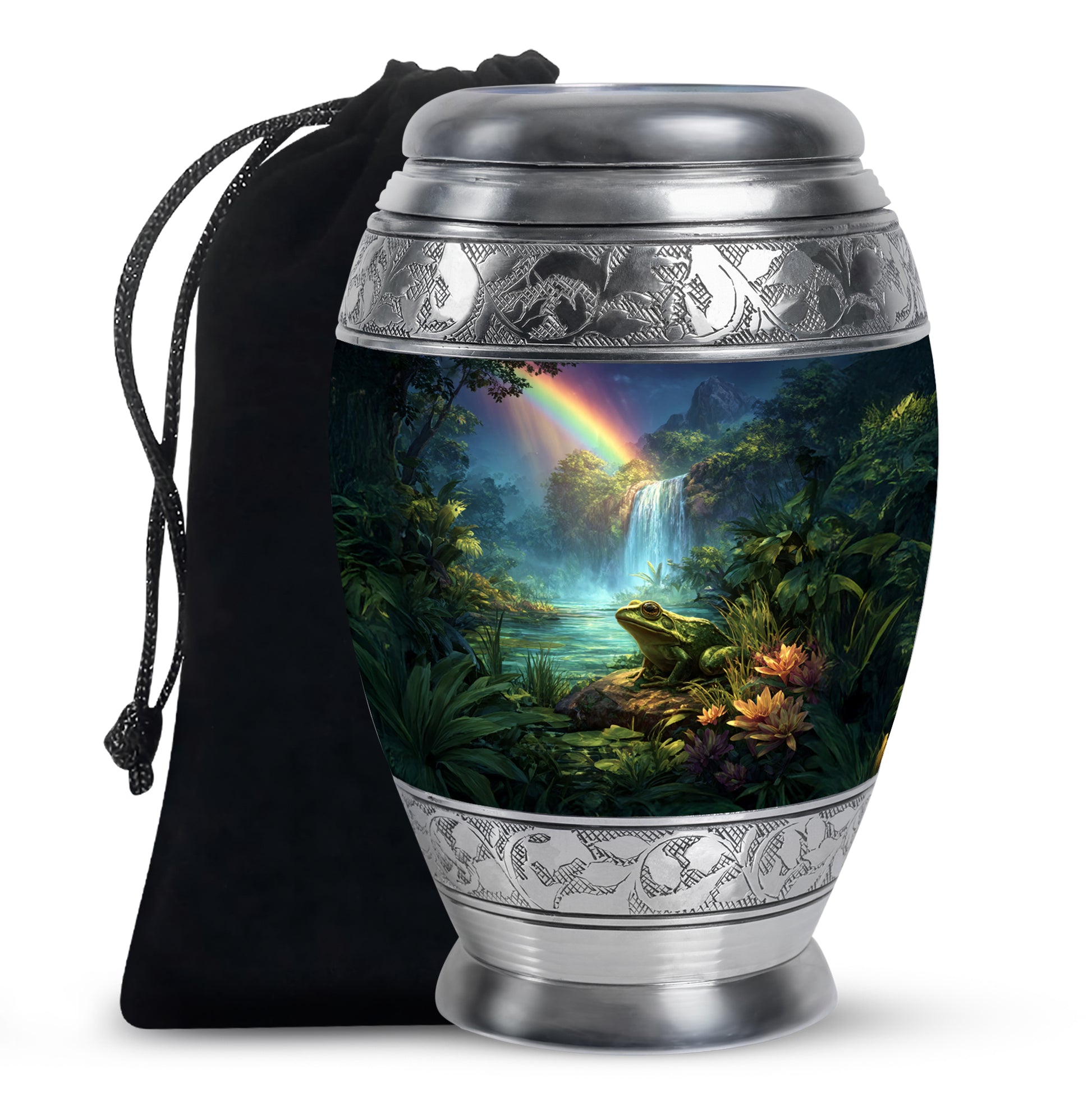 Royal Blue Frog Cremation Urn back view with polished surface - royal frog engraving with decorative scrollwork - full-size 10 inch 200 cubic inch adult cremation urn