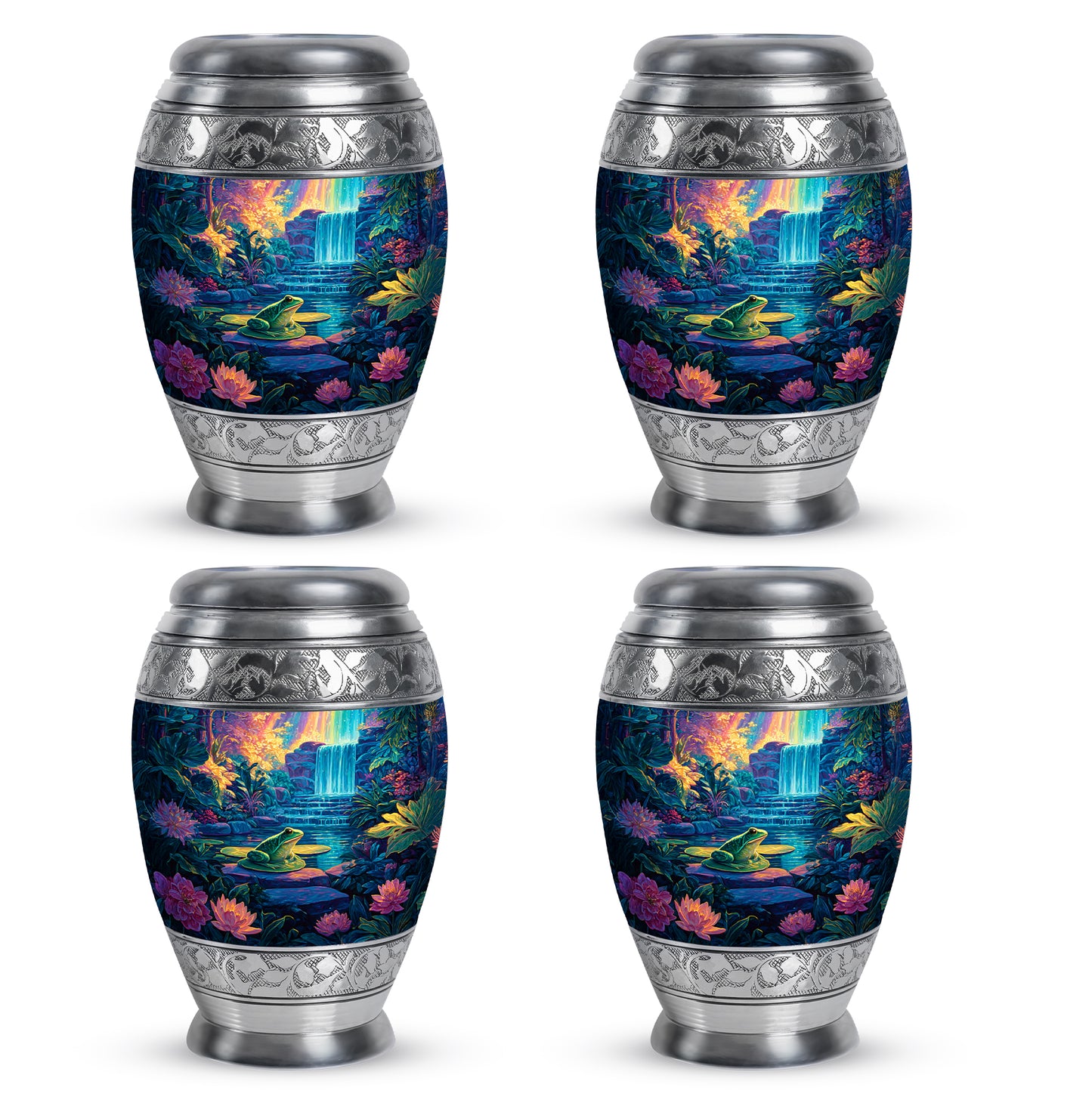Slate Gray Frog Cremation Urn urn with complimentary velvet bag - majestic frog pattern with filigree border - 10 inch aluminum urn for cremated remains