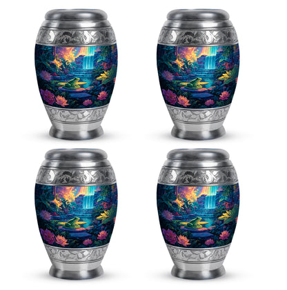 Slate Gray Frog Cremation Urn urn with complimentary velvet bag - majestic frog pattern with filigree border - 10 inch aluminum urn for cremated remains