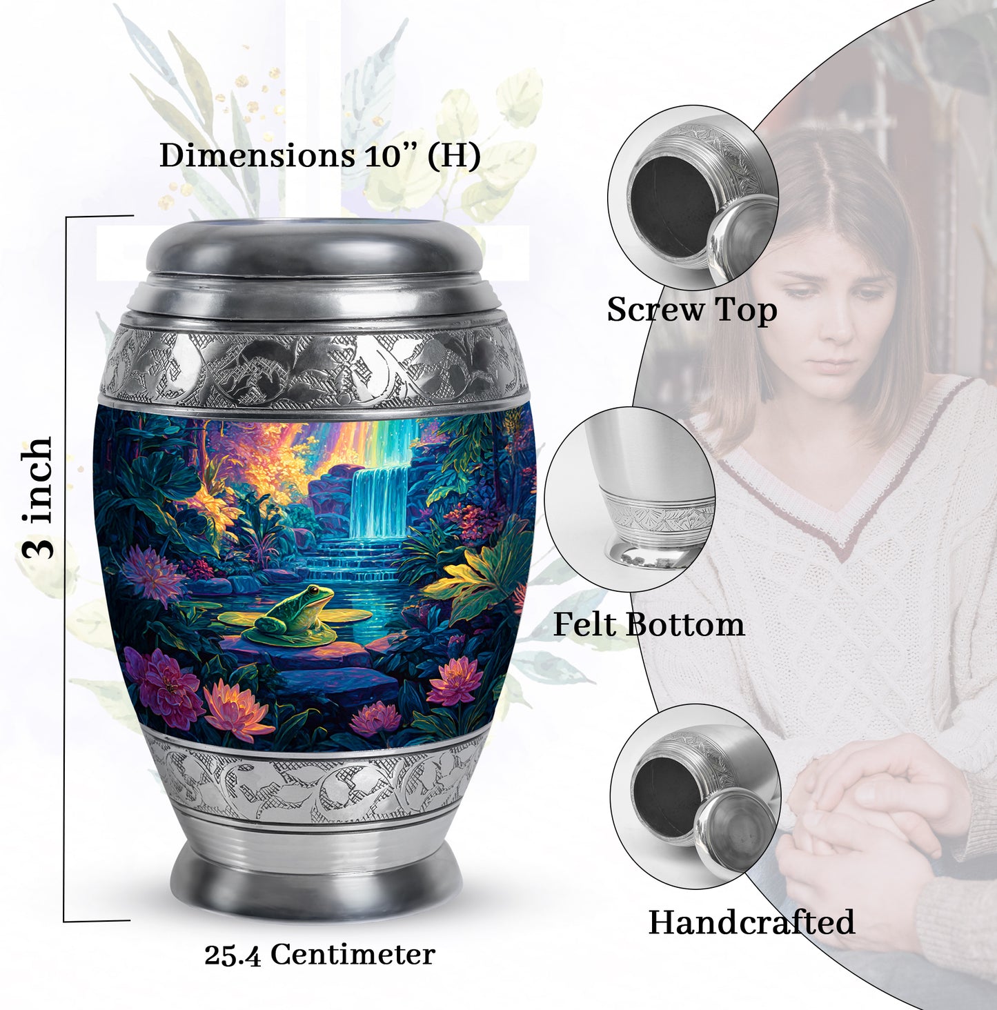 Charcoal Gray Frog Cremation Urn lifestyle display on memorial shelf - ornate monarch-style frog relief on brushed aluminum - mini keepsake memorial for portion of cremation ashes