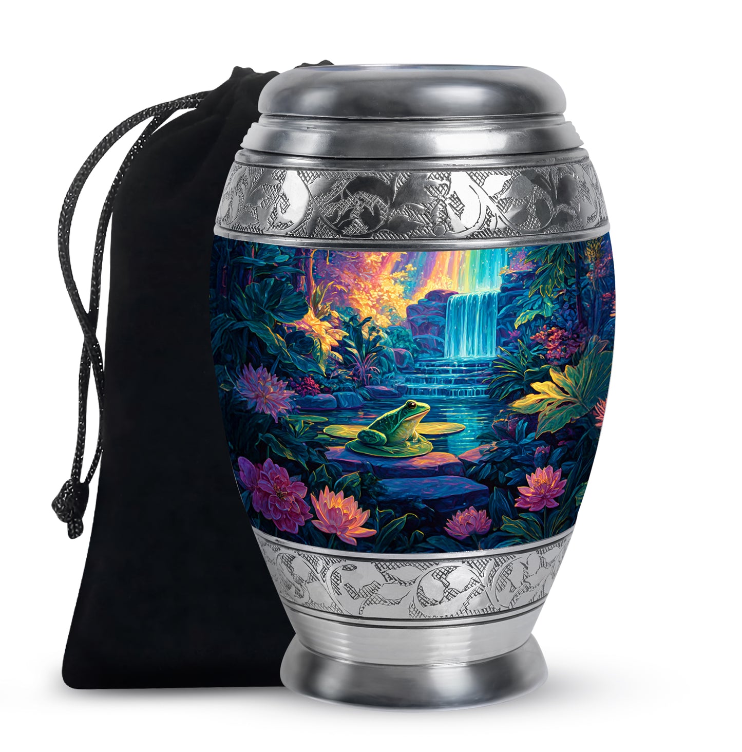 Ash Gray Frog Cremation Urn back view with polished surface - majestic frog pattern with filigree border - full-size 10 inch 200 cubic inch adult cremation urn