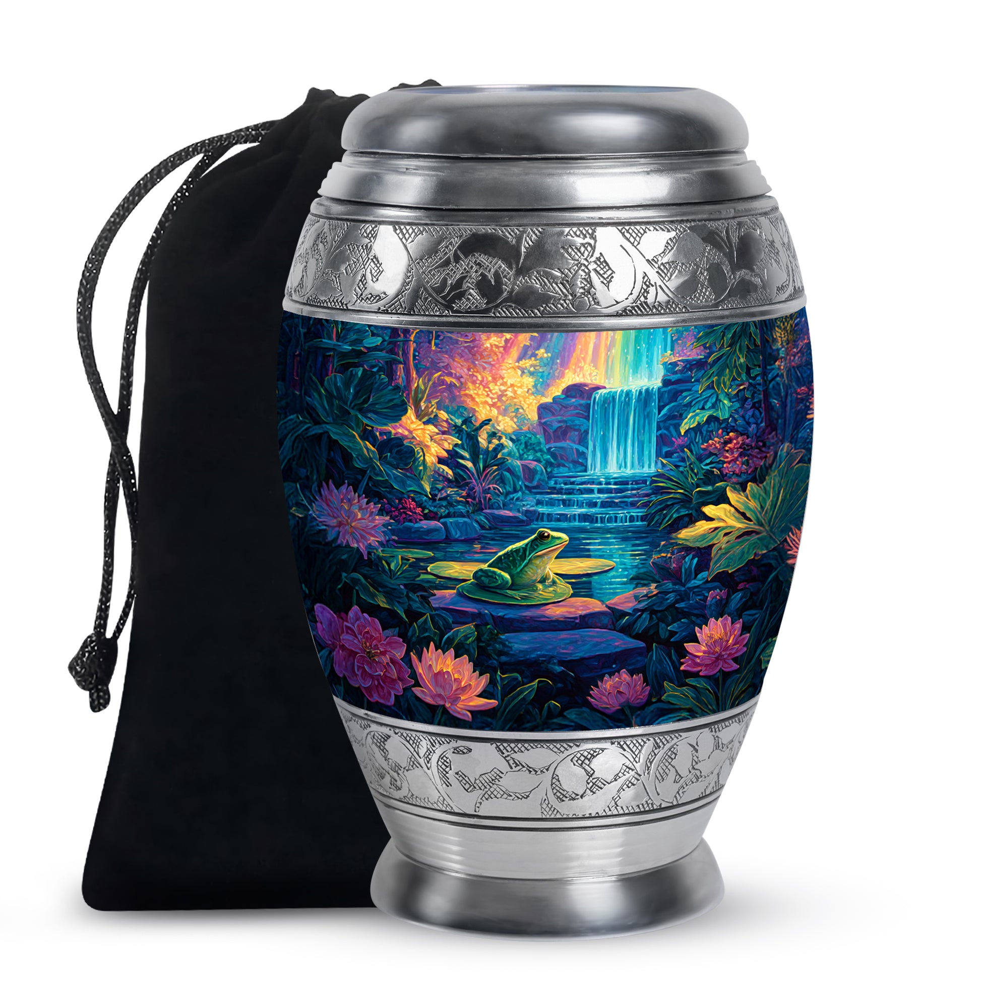 Ash Gray Frog Cremation Urn back view with polished surface - majestic frog pattern with filigree border - full-size 10 inch 200 cubic inch adult cremation urn
