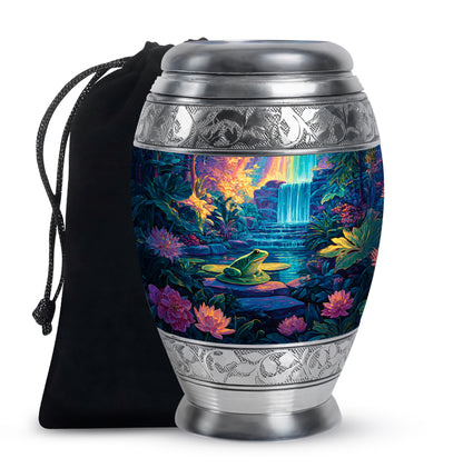 Ash Gray Frog Cremation Urn back view with polished surface - majestic frog pattern with filigree border - full-size 10 inch 200 cubic inch adult cremation urn