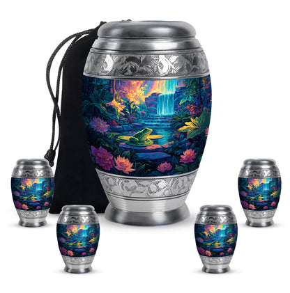 Storm Gray Frog Cremation Urn detail view - majestic frog pattern with filigree border - memorial set with one large and four small urns