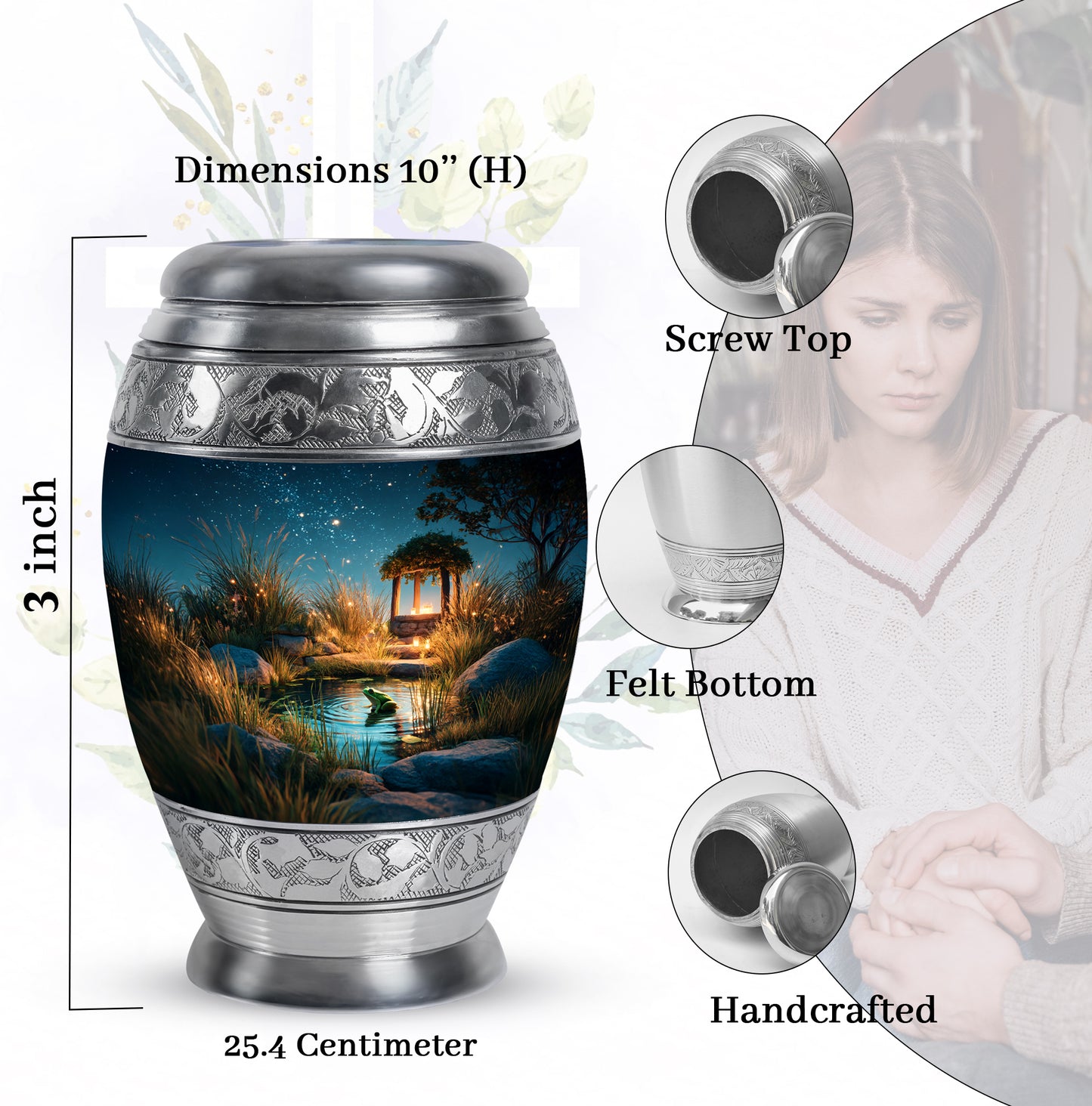 Calming Blue Frog Cremation Urn lifestyle display on memorial shelf - royal frog engraving with decorative scrollwork - mini keepsake memorial for portion of cremation ashes
