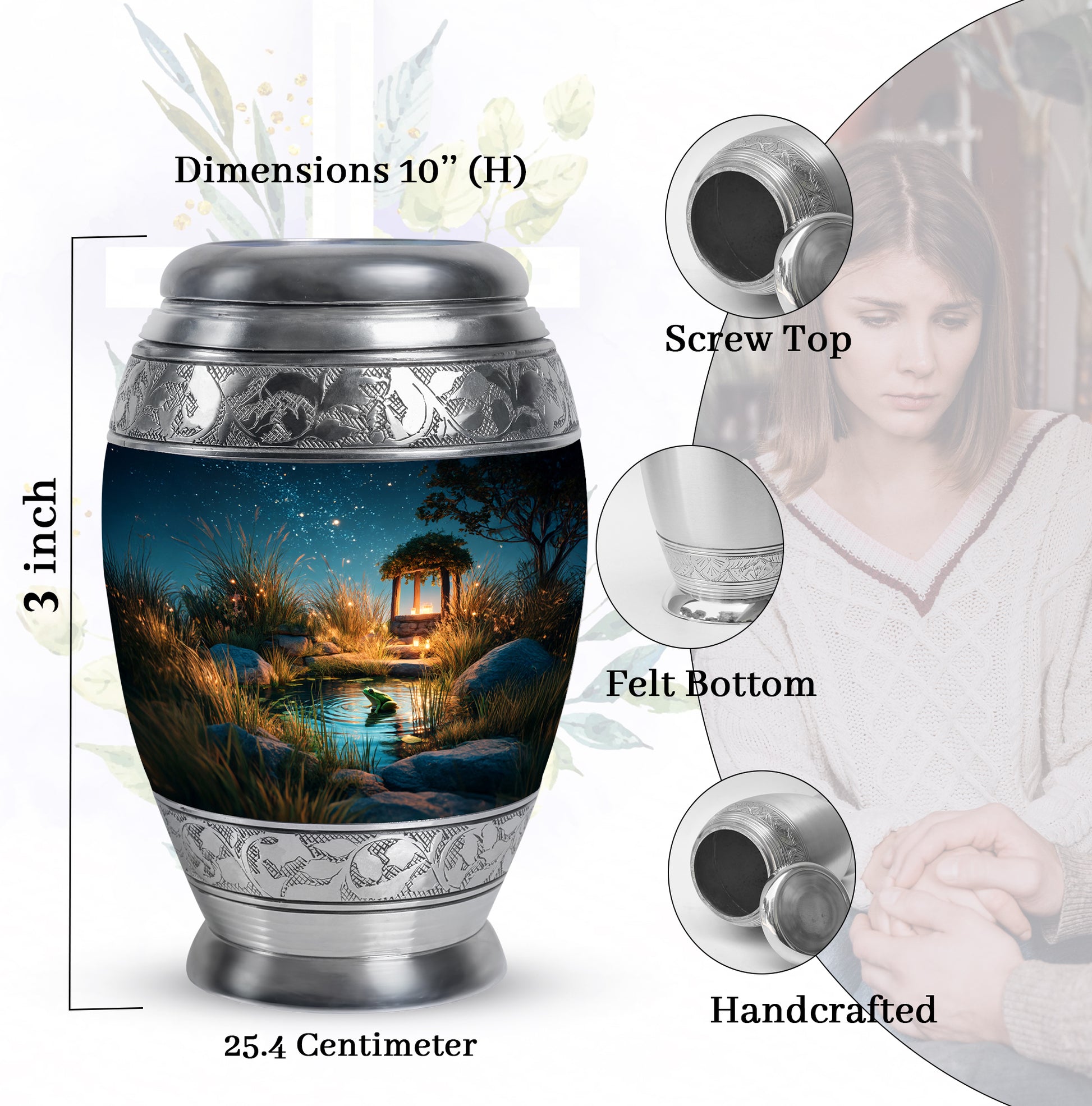 Calming Blue Frog Cremation Urn lifestyle display on memorial shelf - royal frog engraving with decorative scrollwork - mini keepsake memorial for portion of cremation ashes