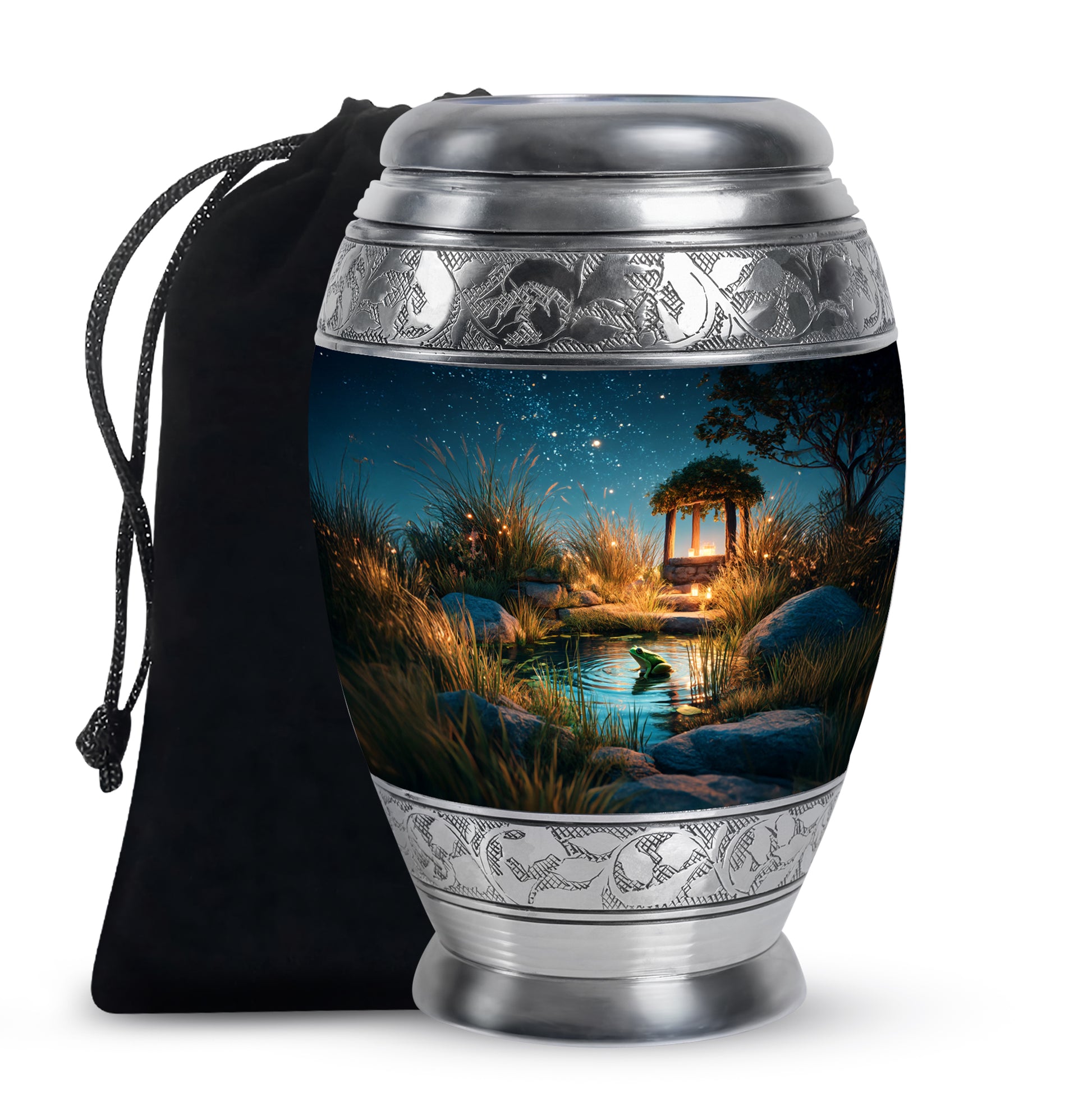 Indigo Frog Cremation Urn back view with polished surface - ornate monarch-style frog relief on brushed aluminum - full-size 10 inch 200 cubic inch adult cremation urn