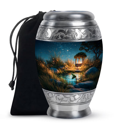 Indigo Frog Cremation Urn back view with polished surface - ornate monarch-style frog relief on brushed aluminum - full-size 10 inch 200 cubic inch adult cremation urn