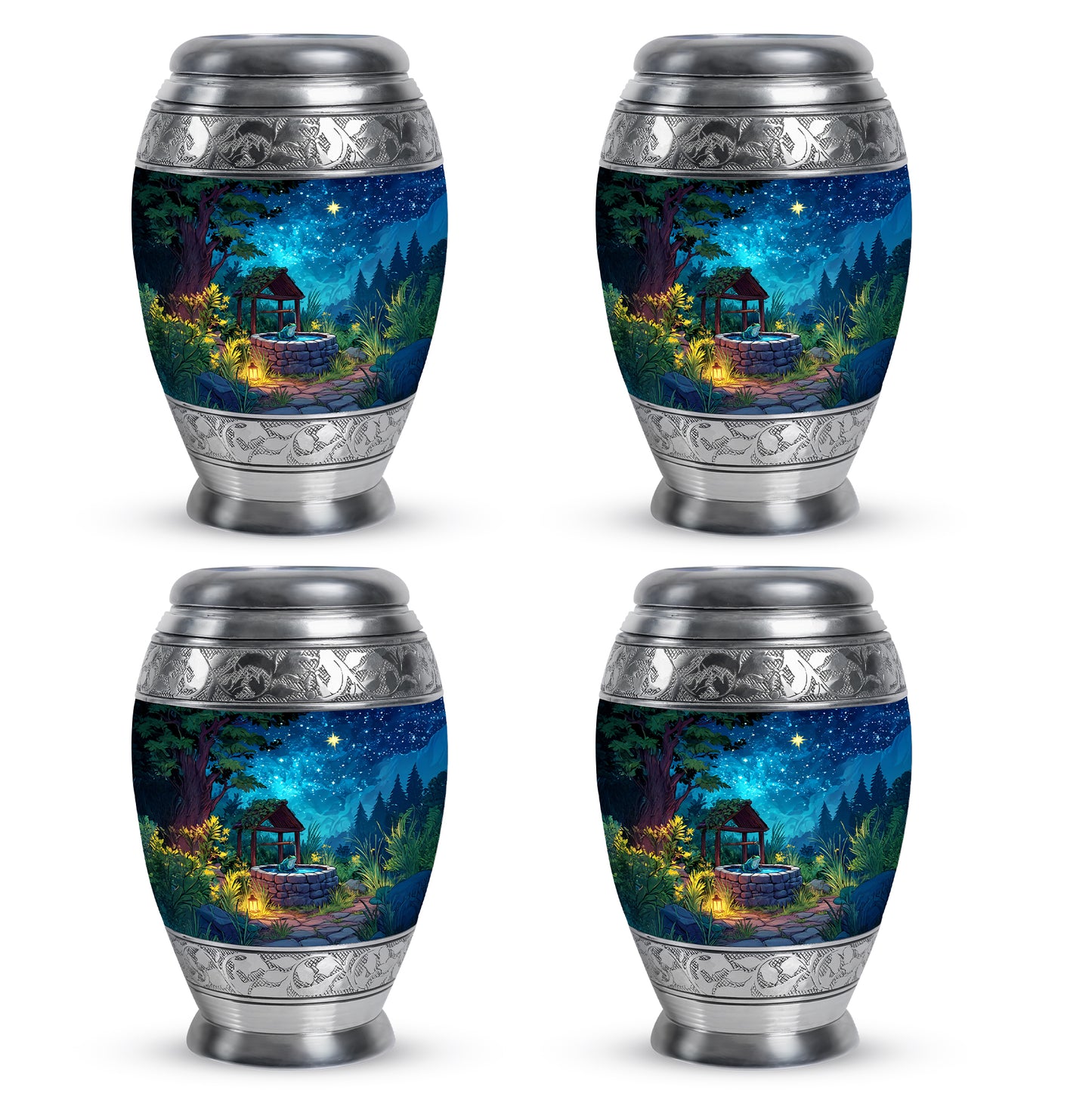 Sapphire Blue Frog Cremation Urn urn with complimentary velvet bag - majestic frog pattern with filigree border - 10 inch aluminum urn for cremated remains