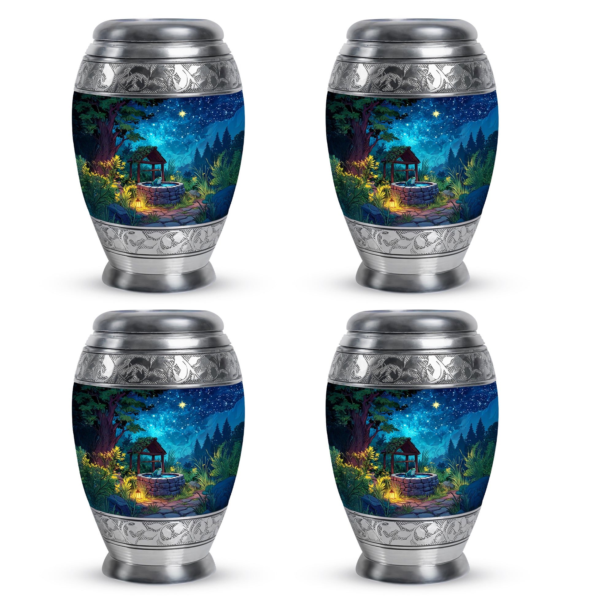 Sapphire Blue Frog Cremation Urn urn with complimentary velvet bag - majestic frog pattern with filigree border - 10 inch aluminum urn for cremated remains