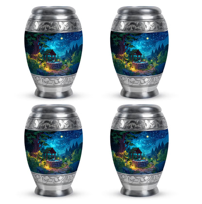 Sapphire Blue Frog Cremation Urn urn with complimentary velvet bag - majestic frog pattern with filigree border - 10 inch aluminum urn for cremated remains