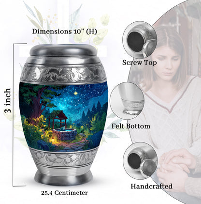 Icy Blue Frog Cremation Urn lifestyle display on memorial shelf - ornate monarch-style frog relief on brushed aluminum - mini keepsake memorial for portion of cremation ashes