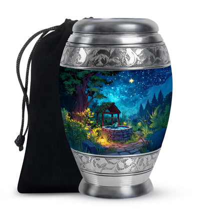 Sky Blue Frog Cremation Urn back view with polished surface - ornate monarch-style frog relief on brushed aluminum - full-size 10 inch 200 cubic inch adult cremation urn