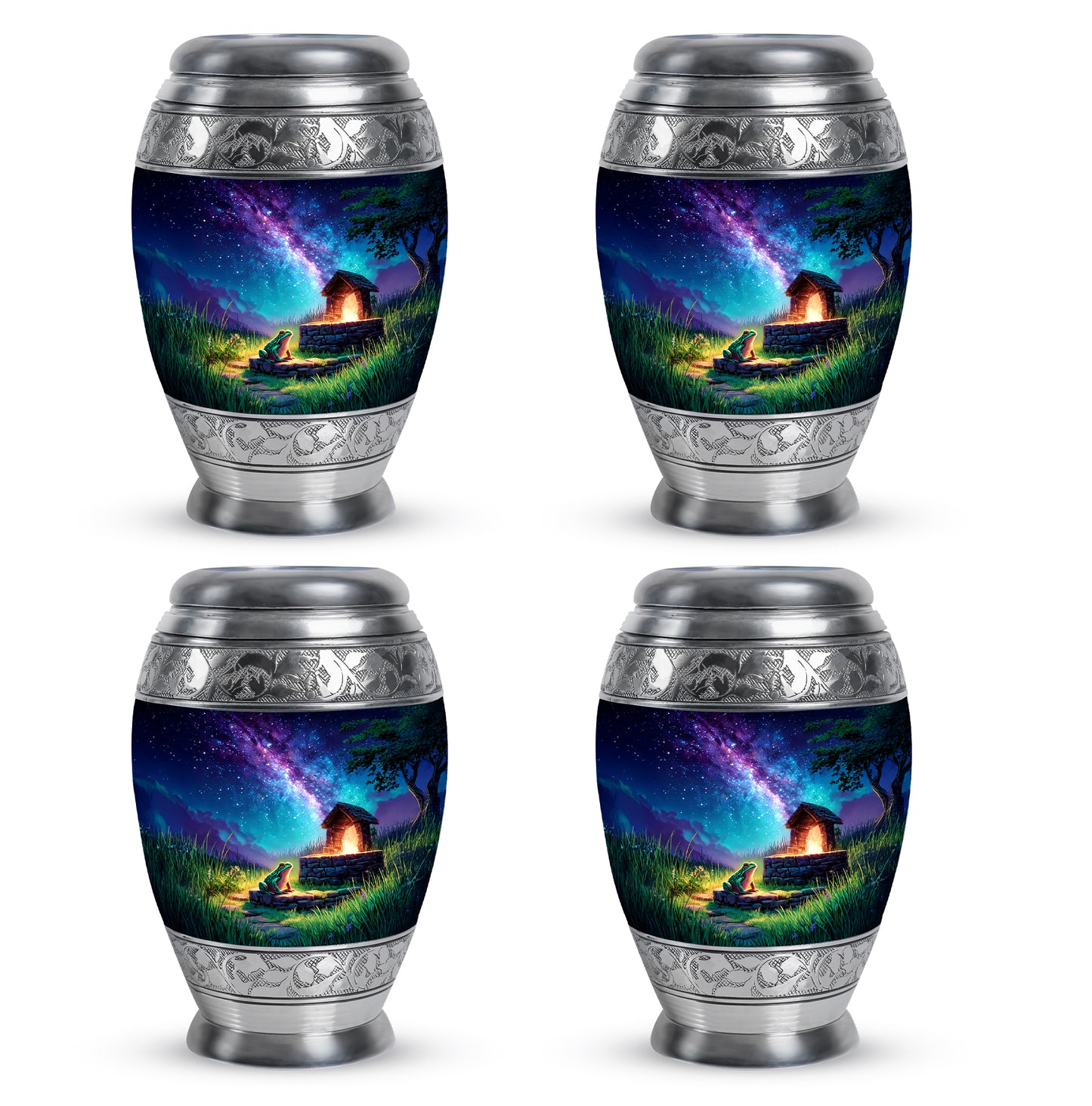 Slate Blue Frog Cremation Urn urn with complimentary velvet bag - ornate monarch-style frog relief on brushed aluminum - 10 inch aluminum urn for cremated remains