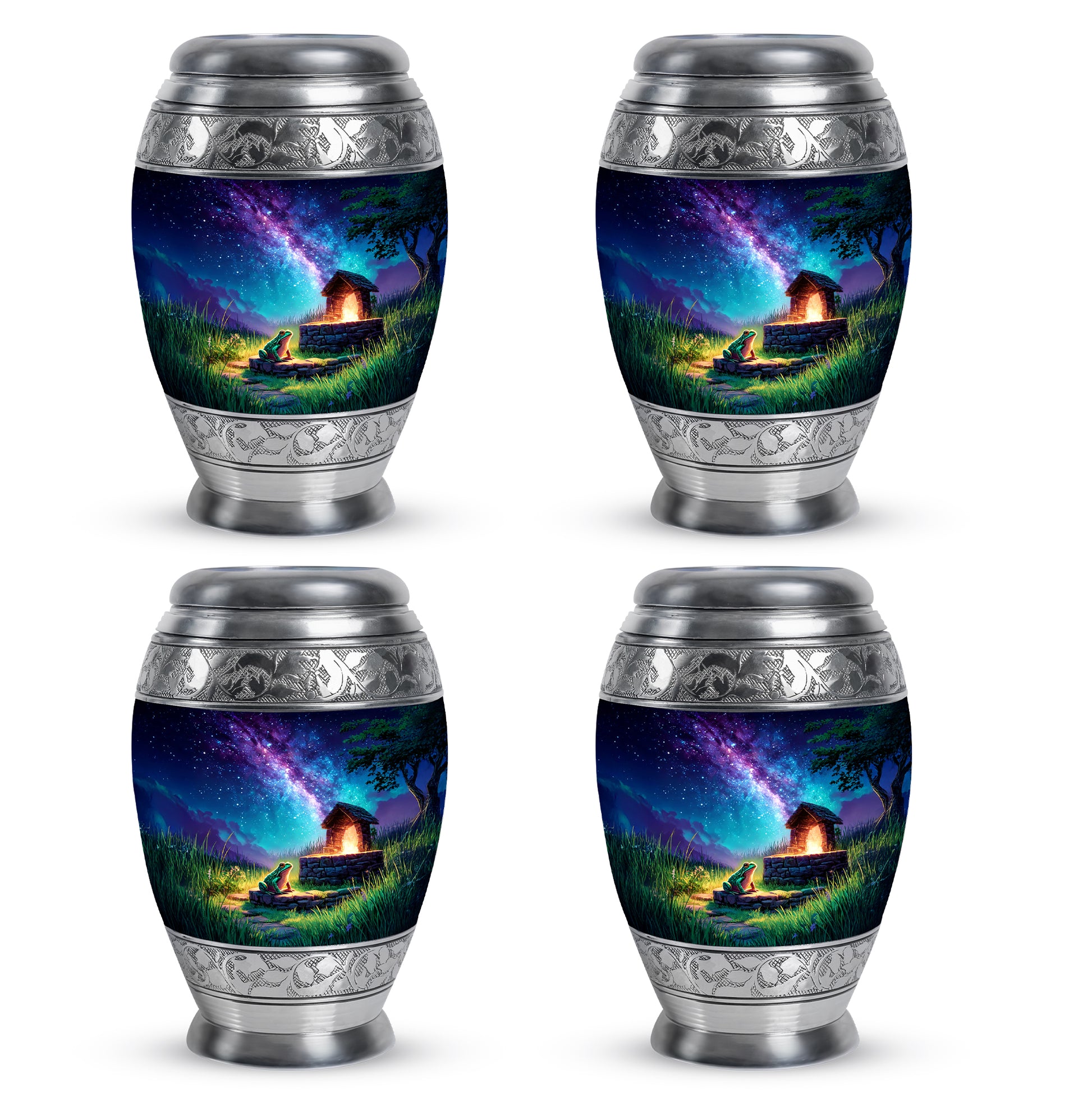 Slate Blue Frog Cremation Urn urn with complimentary velvet bag - ornate monarch-style frog relief on brushed aluminum - 10 inch aluminum urn for cremated remains