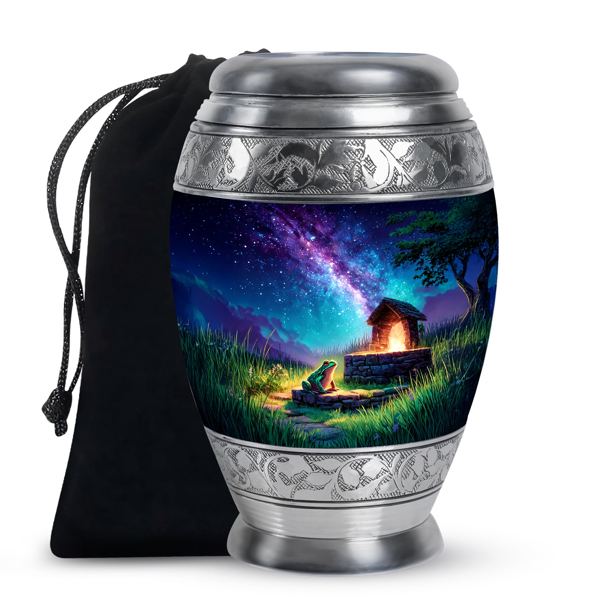 Bright Blue Frog Cremation Urn back view with polished surface - royal frog engraving with decorative scrollwork - full-size 10 inch 200 cubic inch adult cremation urn