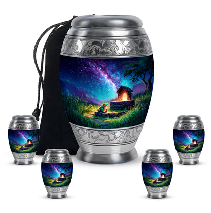 Misty Blue Frog Cremation Urn detail view - regal frog design with crown-inspired accents - memorial set with one large and four small urns