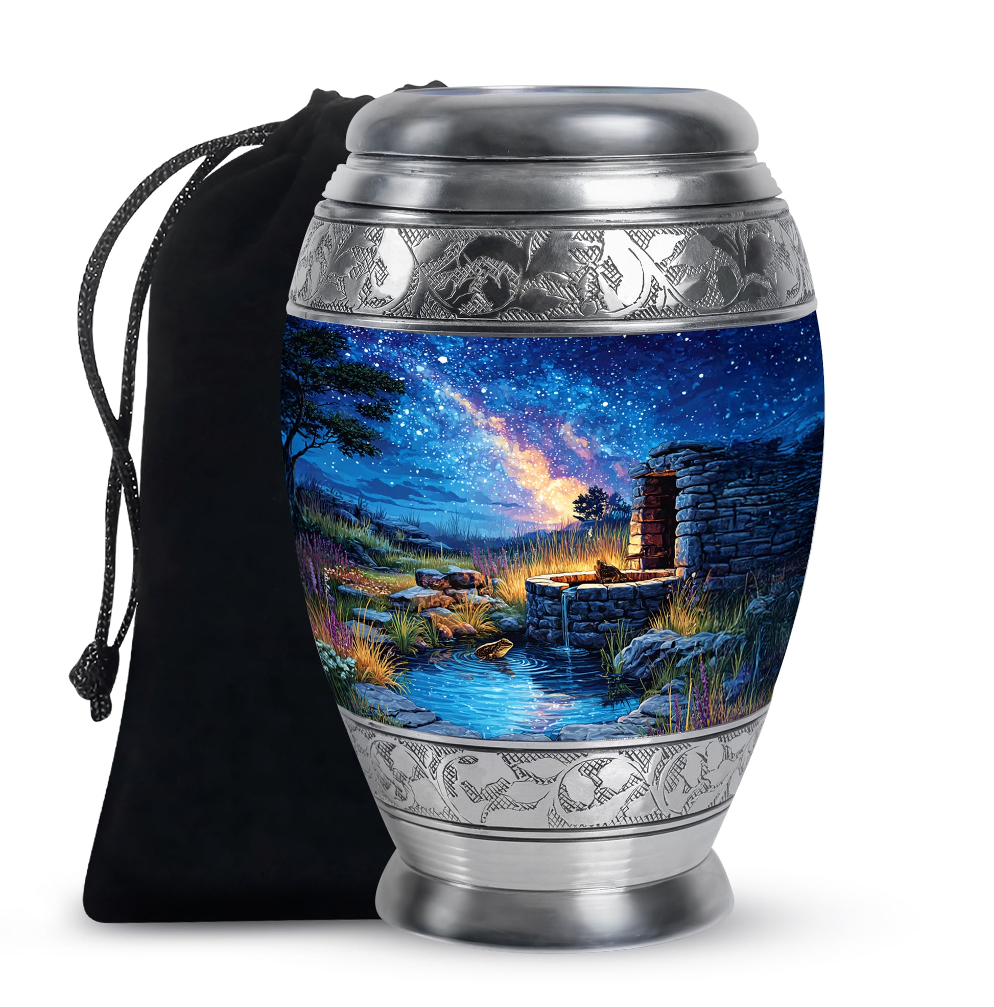Twilight Blue Frog Cremation Urn back view with polished surface - majestic frog pattern with filigree border - full-size 10 inch 200 cubic inch adult cremation urn