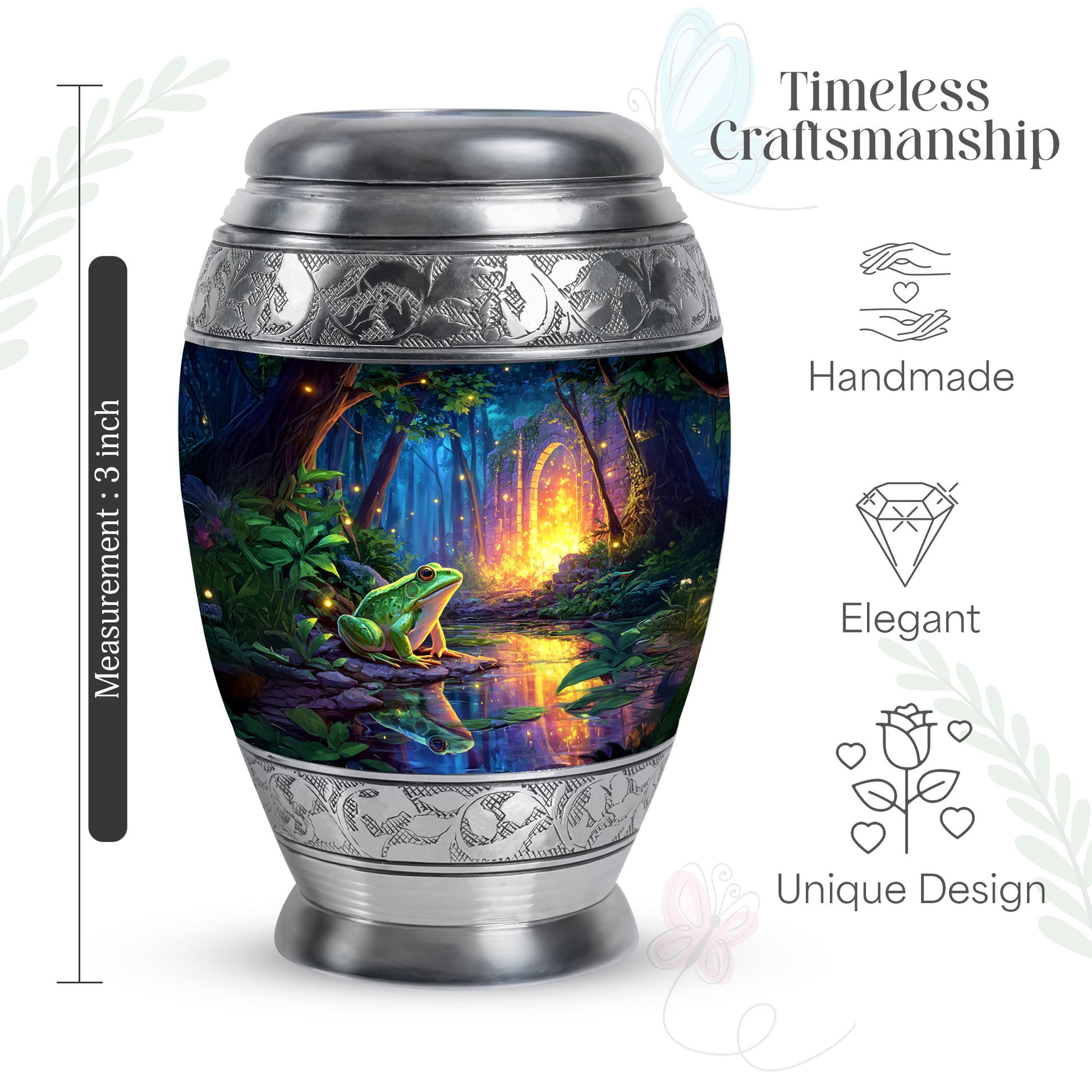 Vivid Blue Frog Cremation Urn lifestyle display on memorial shelf - royal frog engraving with decorative scrollwork - mini keepsake memorial for portion of cremation ashes