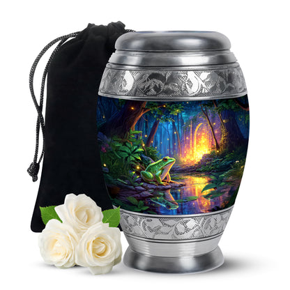 Celestial Blue Frog Cremation Urn back view with polished surface - regal frog design with crown-inspired accents - full-size 10 inch 200 cubic inch adult cremation urn