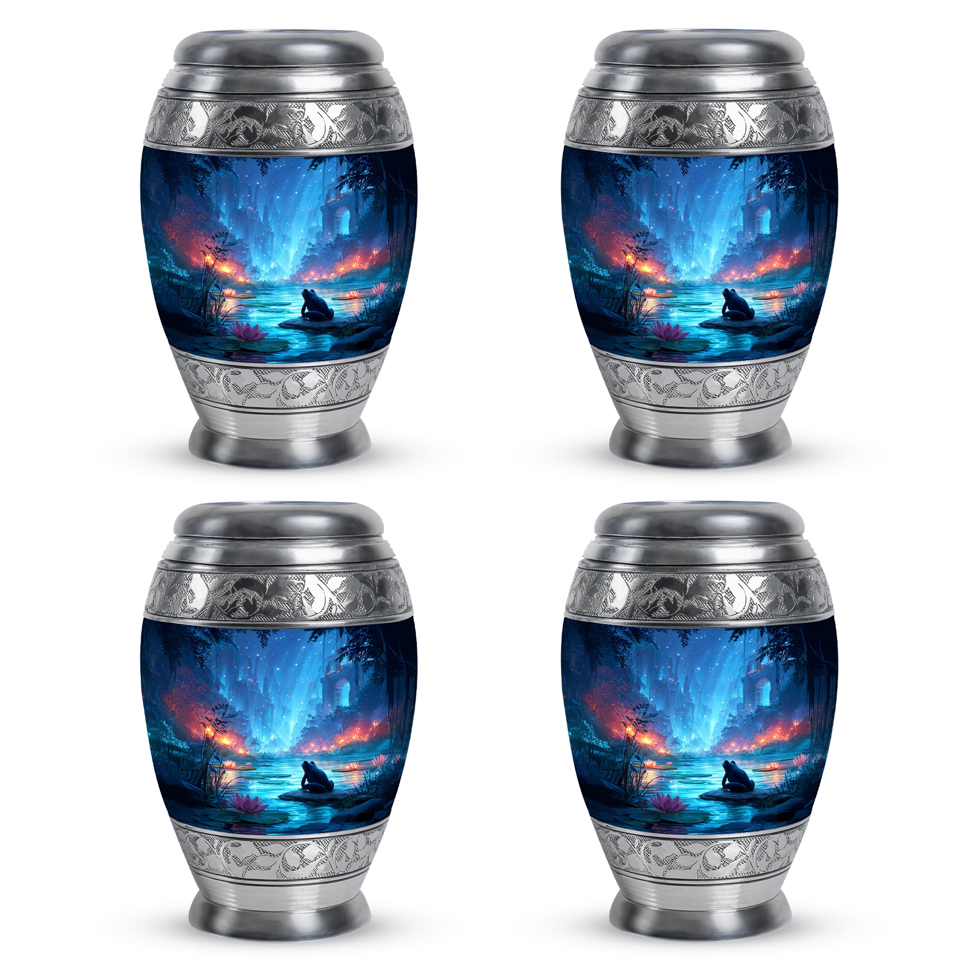 Icy Blue Frog Cremation Urn urn with complimentary velvet bag - regal frog design with crown-inspired accents - 10 inch aluminum urn for cremated remains