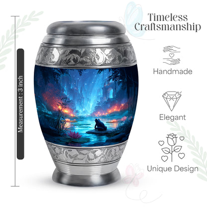 Soft Blue Frog Cremation Urn lifestyle display on memorial shelf - majestic frog pattern with filigree border - mini keepsake memorial for portion of cremation ashes