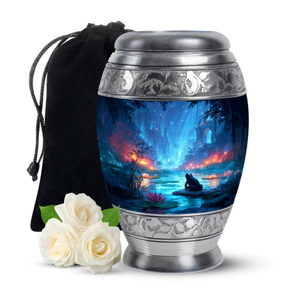 Cornflower Blue Frog Cremation Urn back view with polished surface - majestic frog pattern with filigree border - full-size 10 inch 200 cubic inch adult cremation urn