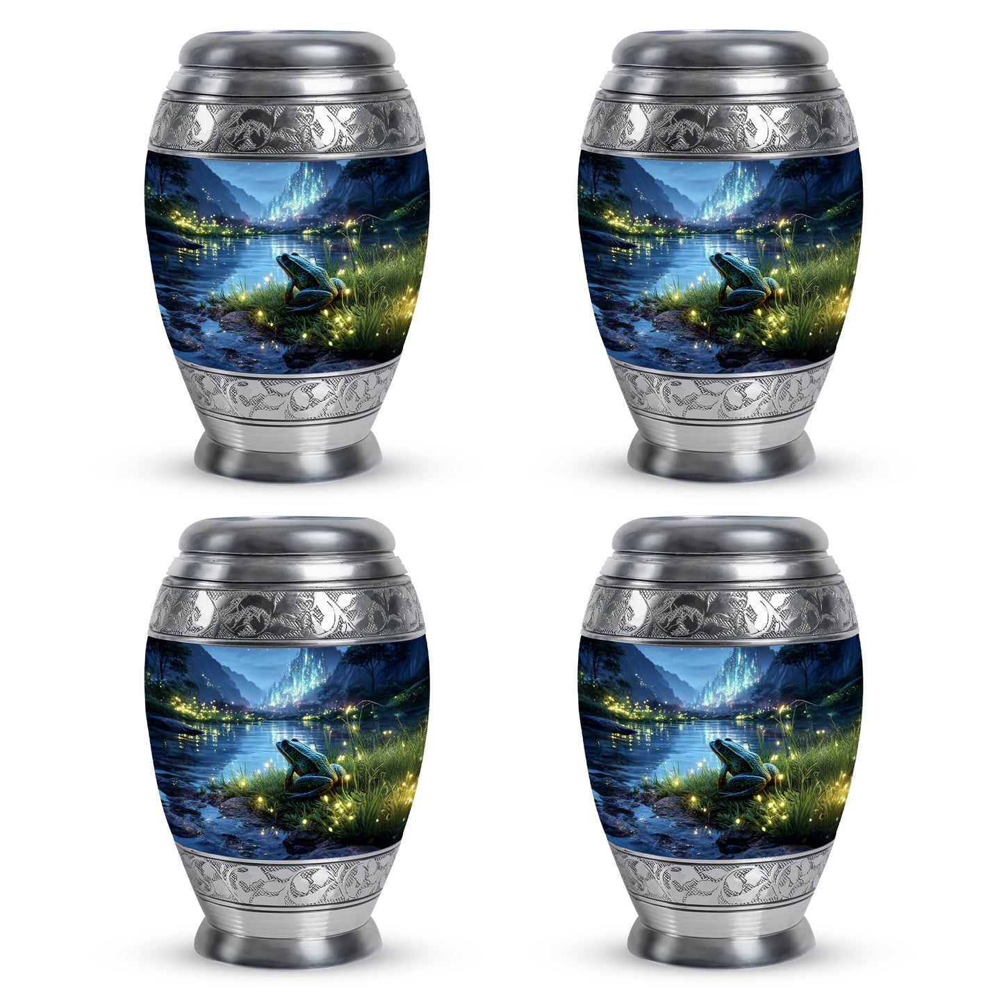 Slate Blue Frog Cremation Urn urn with complimentary velvet bag - ornate monarch-style frog relief on brushed aluminum - 10 inch aluminum urn for cremated remains