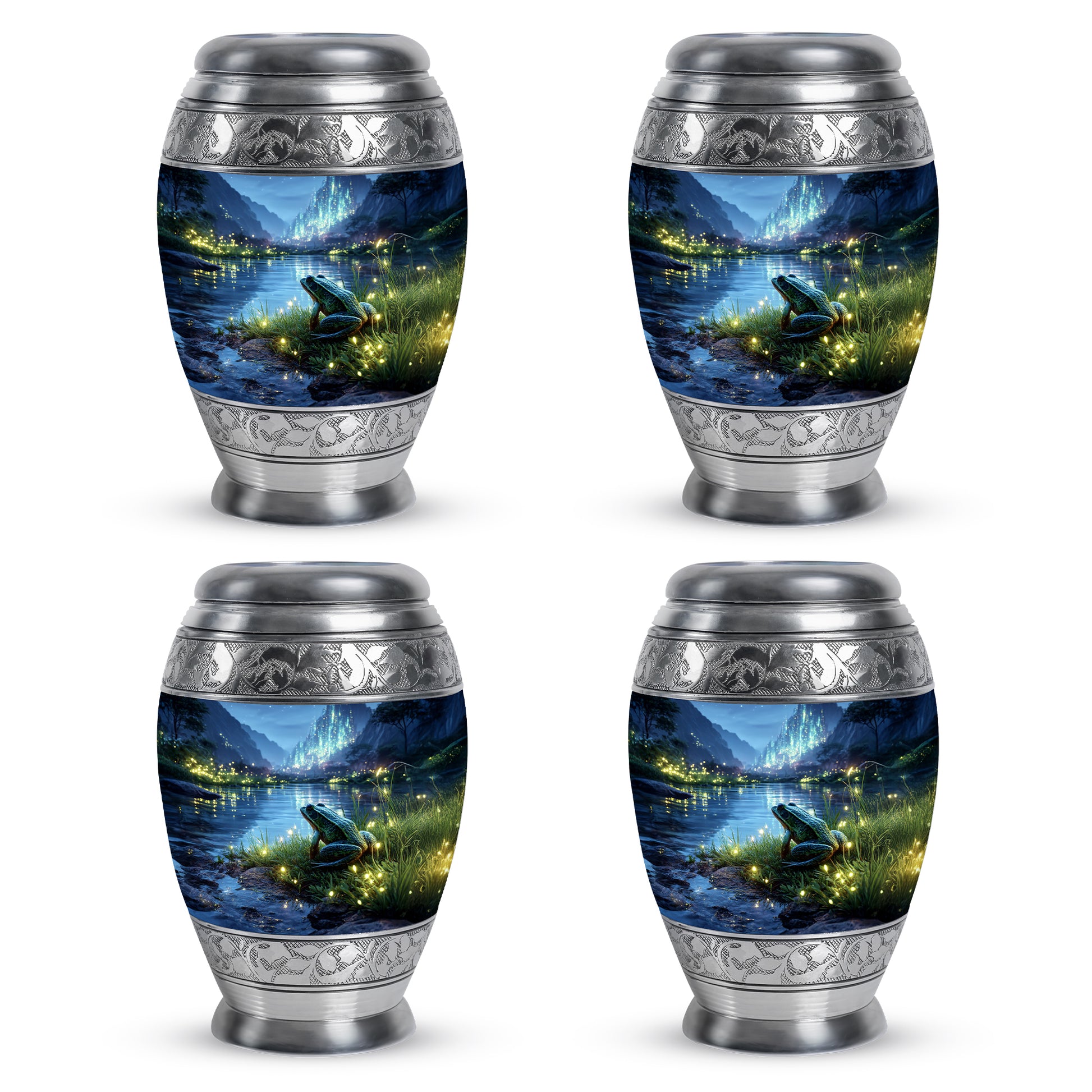 Slate Blue Frog Cremation Urn urn with complimentary velvet bag - ornate monarch-style frog relief on brushed aluminum - 10 inch aluminum urn for cremated remains