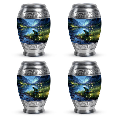 Slate Blue Frog Cremation Urn urn with complimentary velvet bag - ornate monarch-style frog relief on brushed aluminum - 10 inch aluminum urn for cremated remains
