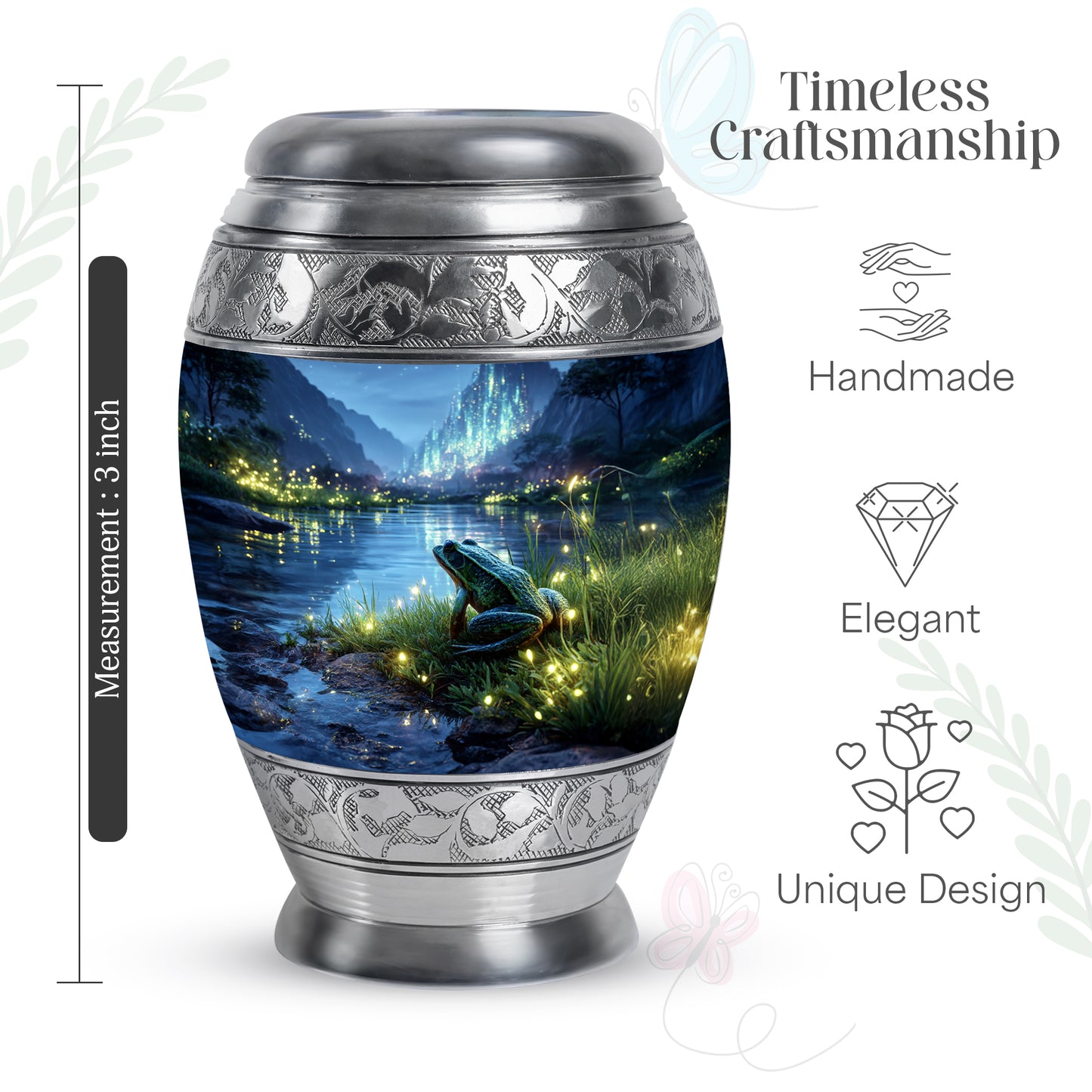 Azure Frog Cremation Urn lifestyle display on memorial shelf - ornate monarch-style frog relief on brushed aluminum - mini keepsake memorial for portion of cremation ashes