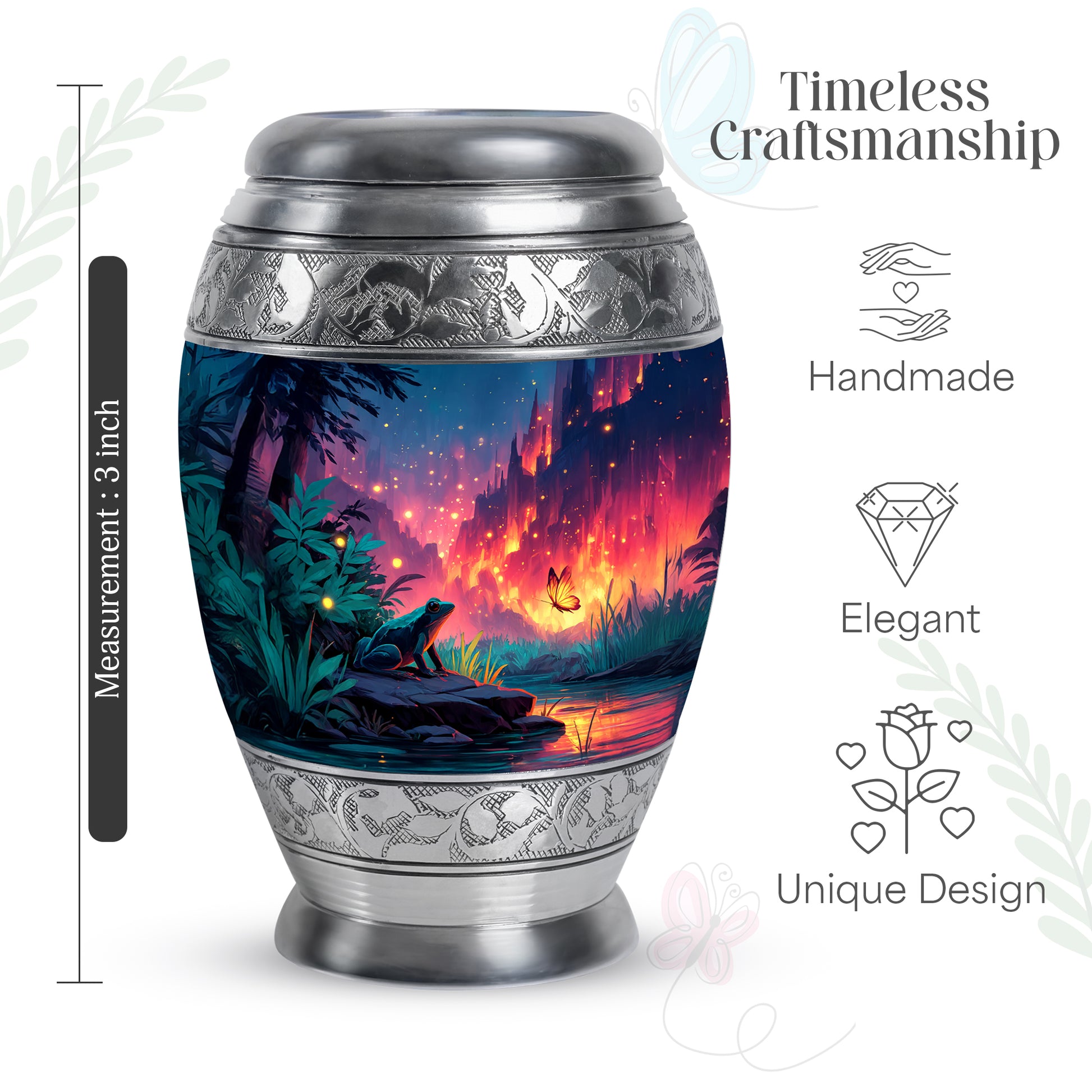 Sky Blue Frog Cremation Urn lifestyle display on memorial shelf - ornate monarch-style frog relief on brushed aluminum - mini keepsake memorial for portion of cremation ashes