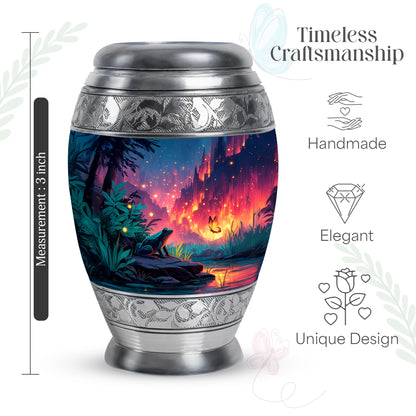 Sky Blue Frog Cremation Urn lifestyle display on memorial shelf - ornate monarch-style frog relief on brushed aluminum - mini keepsake memorial for portion of cremation ashes