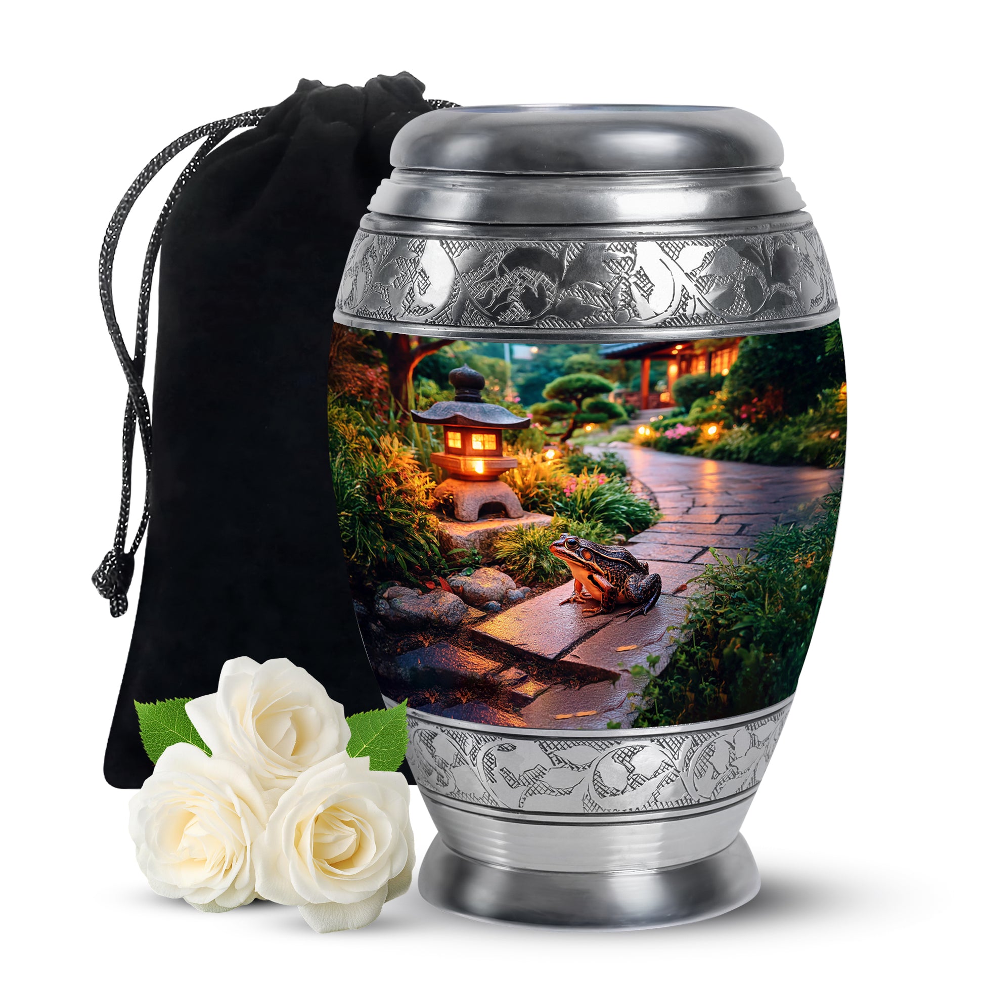 Amber Yellow Frog Cremation Urn back view with polished surface - regal frog design with crown-inspired accents - full-size 10 inch 200 cubic inch adult cremation urn