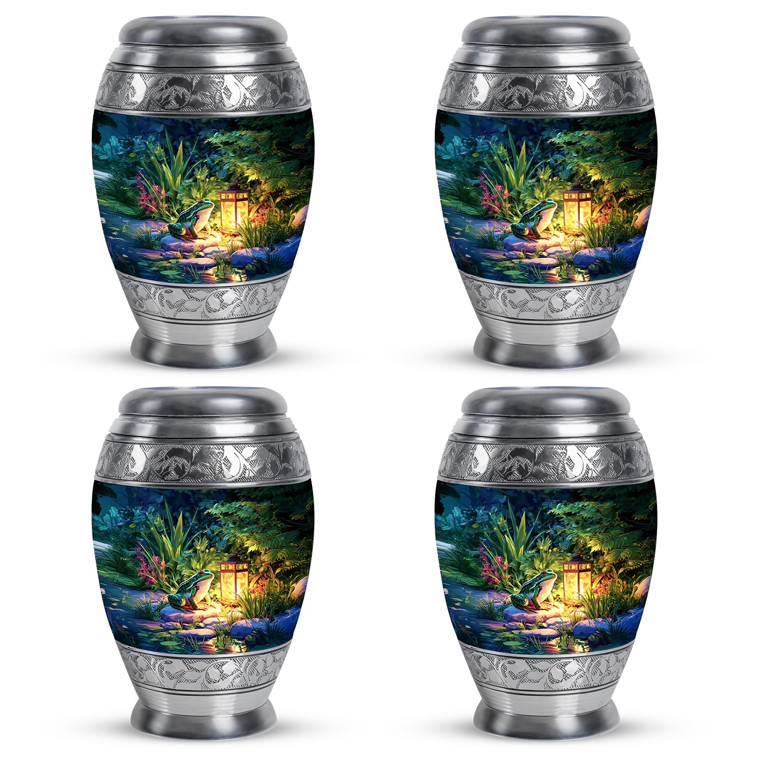 Powder Blue Frog Cremation Urn urn with complimentary velvet bag - ornate monarch-style frog relief on brushed aluminum - 10 inch aluminum urn for cremated remains
