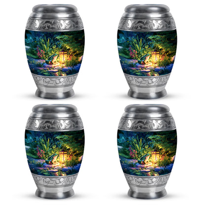 Powder Blue Frog Cremation Urn urn with complimentary velvet bag - ornate monarch-style frog relief on brushed aluminum - 10 inch aluminum urn for cremated remains
