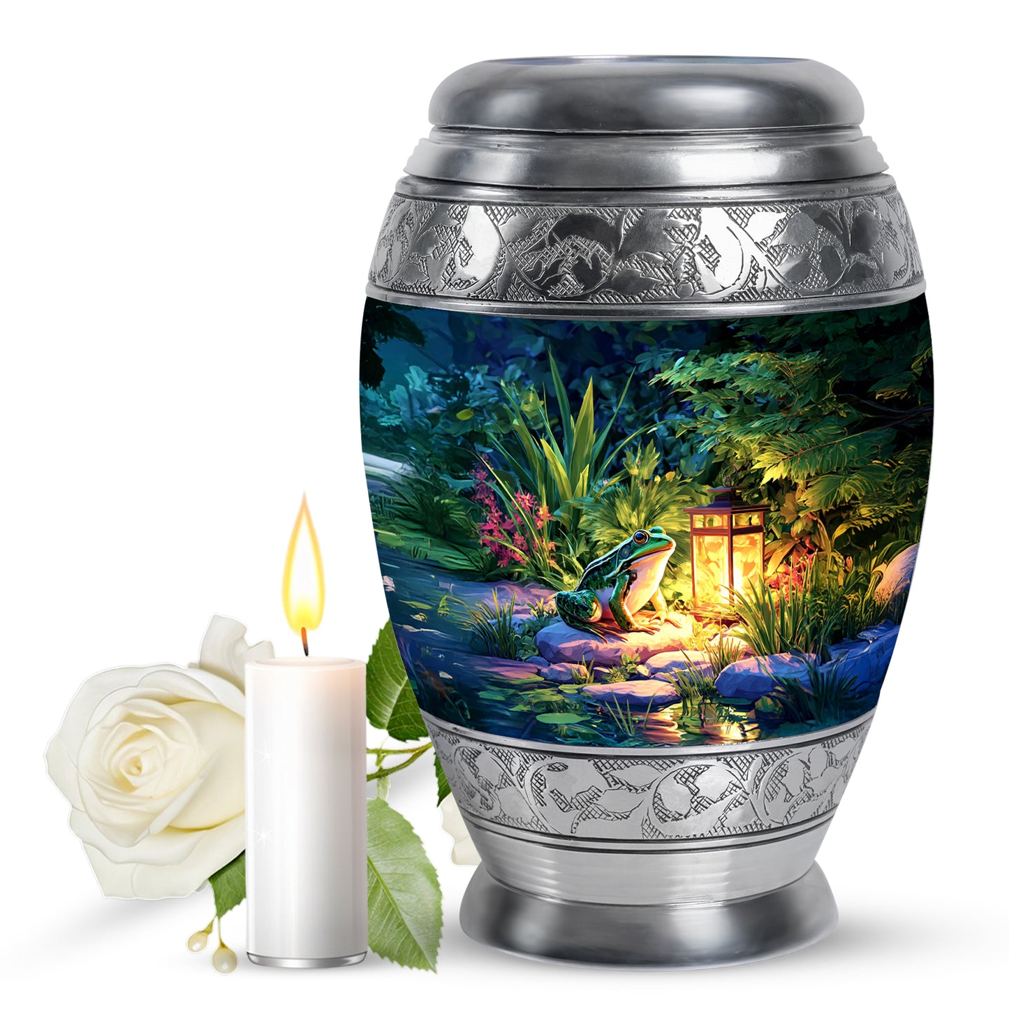Azure Frog Cremation Urn back view with polished surface - ornate monarch-style frog relief on brushed aluminum - full-size 10 inch 200 cubic inch adult cremation urn