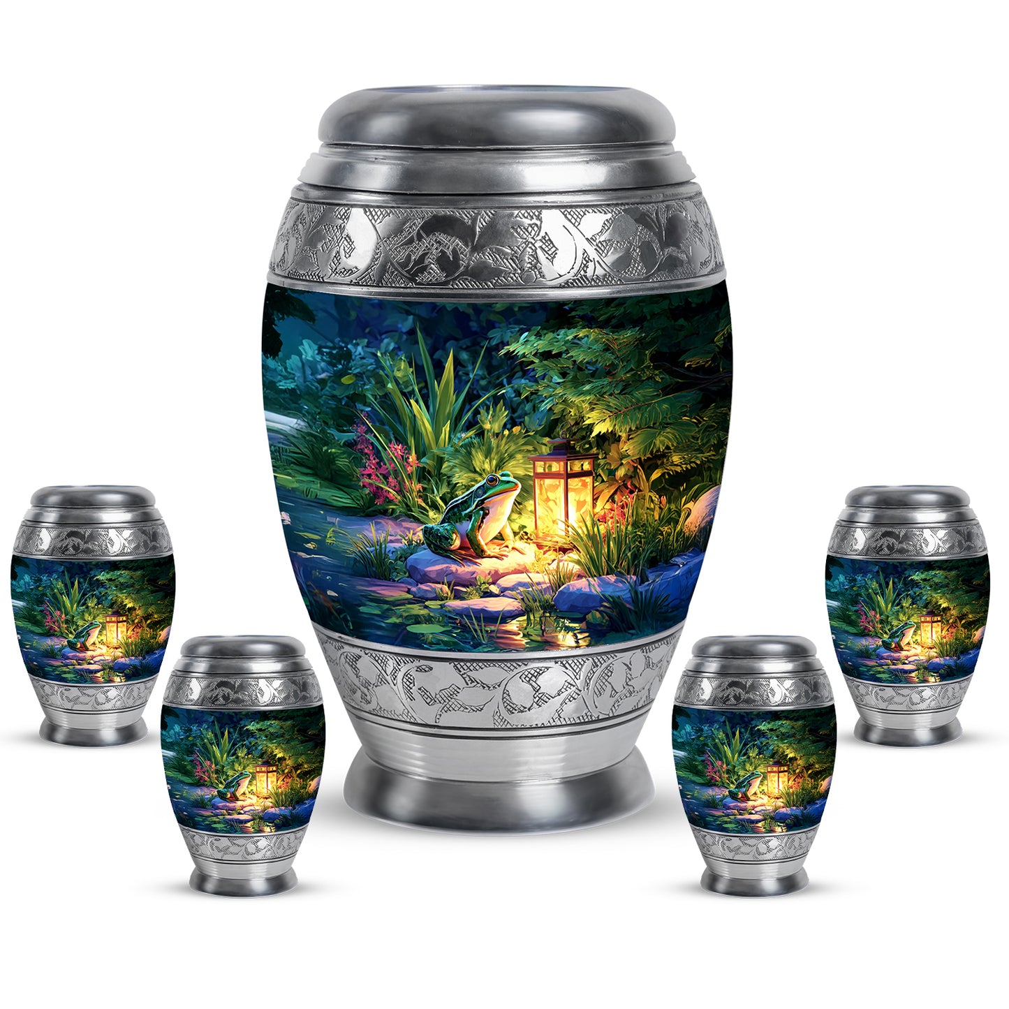 Icy Blue Frog Cremation Urn detail view - ornate monarch-style frog relief on brushed aluminum - memorial set with one large and four small urns