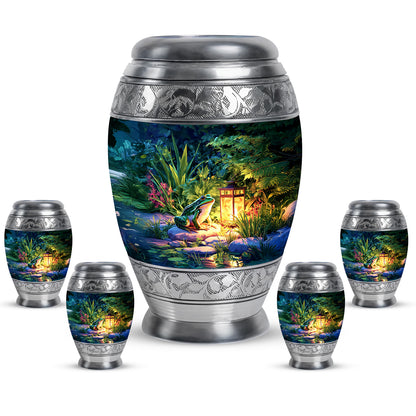Icy Blue Frog Cremation Urn detail view - ornate monarch-style frog relief on brushed aluminum - memorial set with one large and four small urns