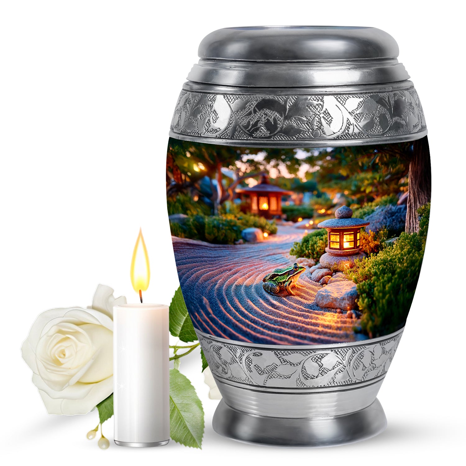 Sunrise Gold Frog Cremation Urn back view with polished surface - regal frog design with crown-inspired accents - full-size 10 inch 200 cubic inch adult cremation urn