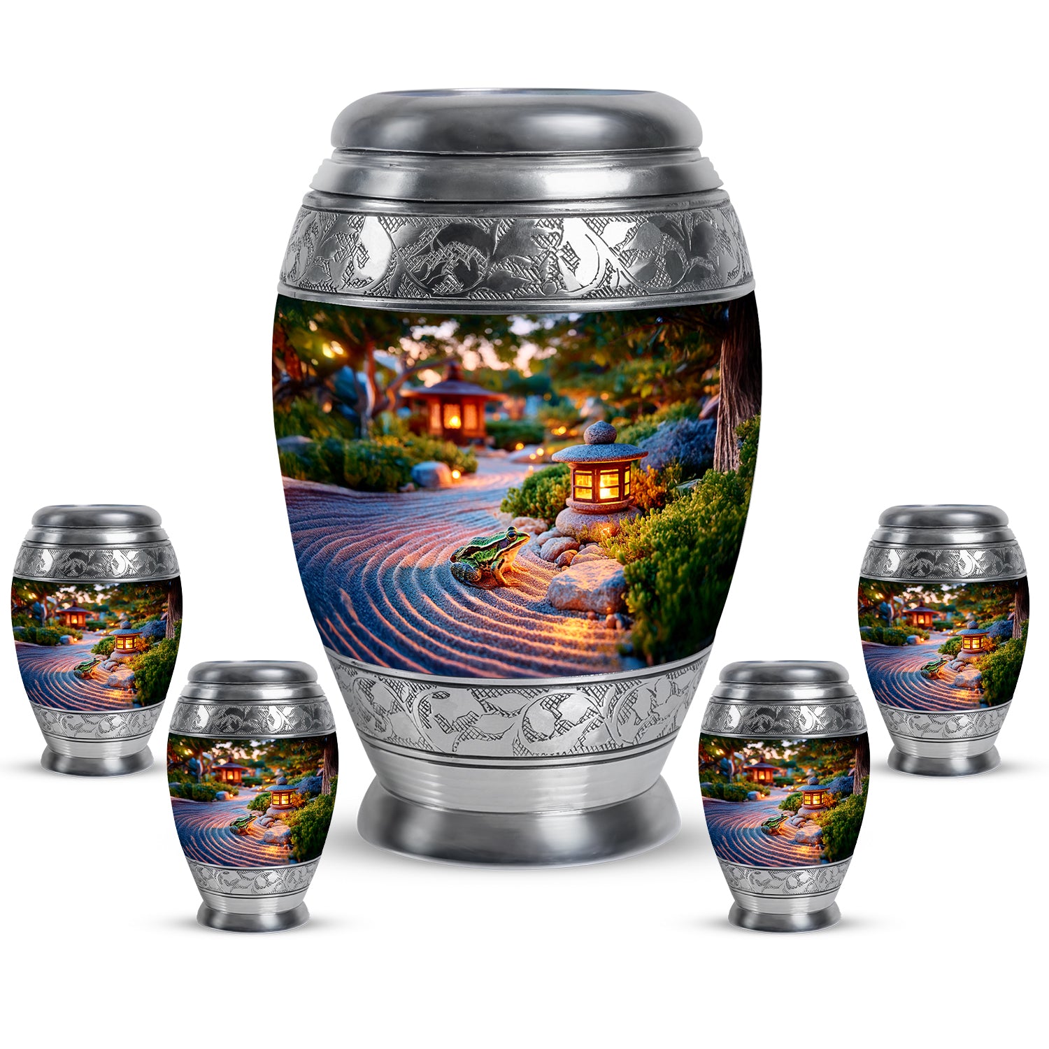 Royal Gold Frog Cremation Urn detail view - royal frog engraving with decorative scrollwork - memorial set with one large and four small urns
